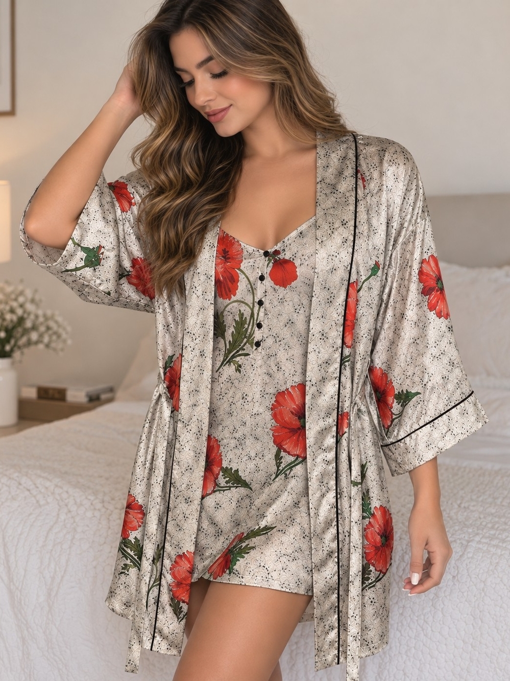 Poppy-Print Satin Robe & Chemise Set - Cream and Red
